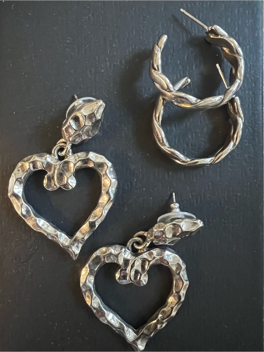 Silver-Tone Hammered Heart Drop Earrings and Twisted Rope Hoops-Women's Jewelry
